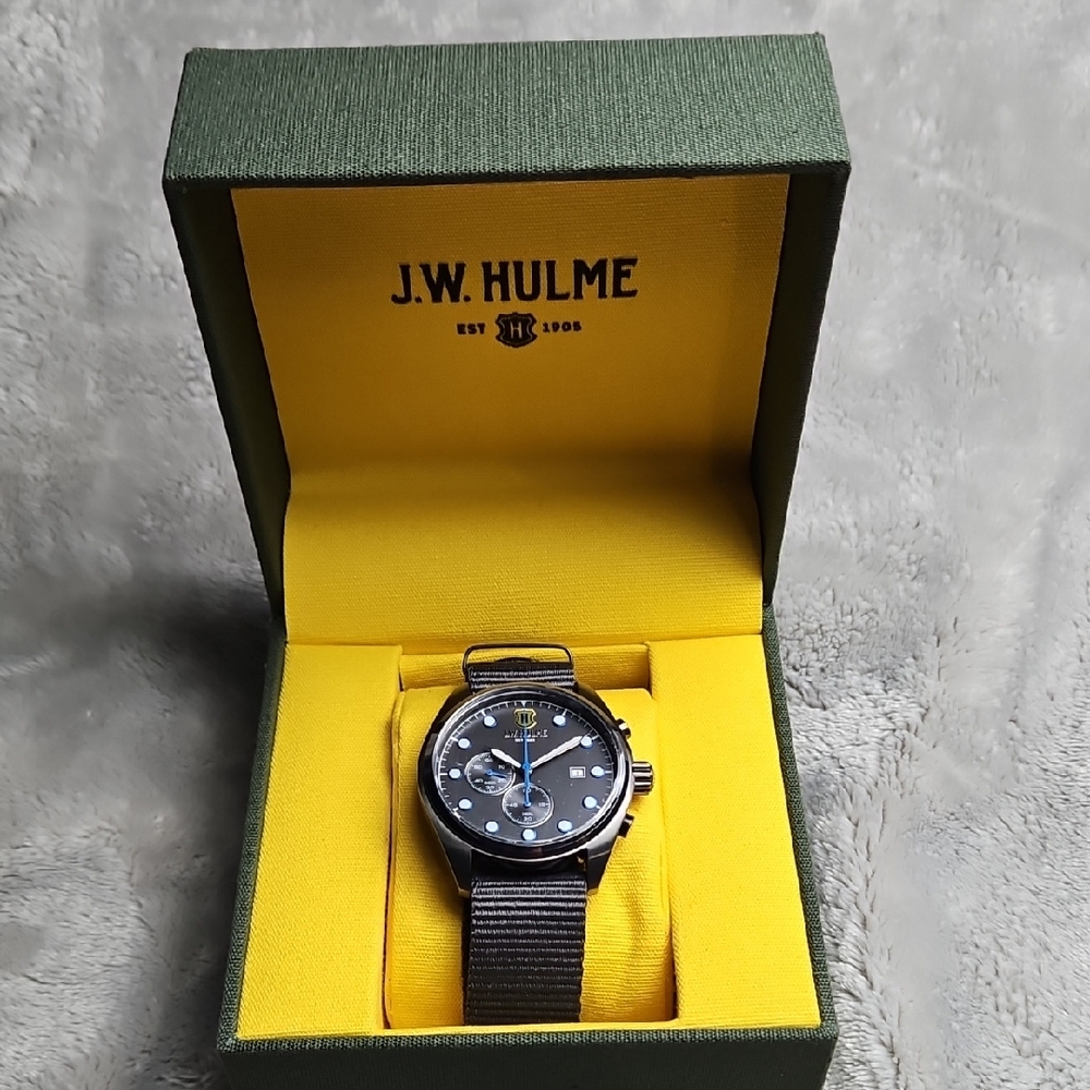 J.W. Hulme Quartz Chronograph Watch – Black Dial / Grey Nylon Strap – New in Box